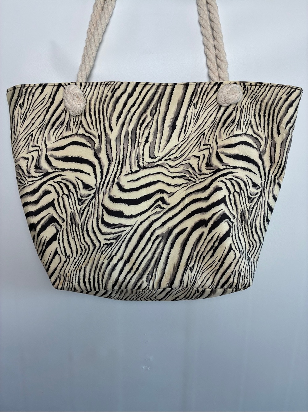Zebra Print Beach Tote Bag - Black & Cream